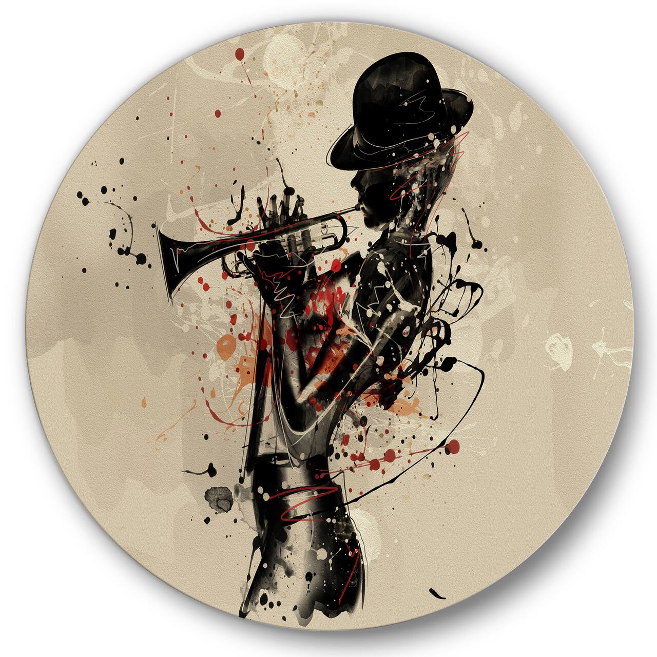 Designart - Woman Playing Jazz Trumpet - Modern Metal Circle Wall Art